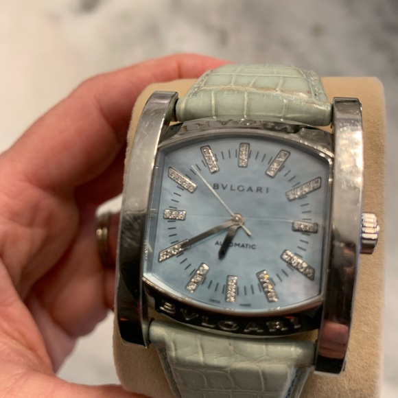 Bvlgari Womens Assioma SS Mother of Pearl Lt Blue leather with pave diamonds - Picture 2 of 10